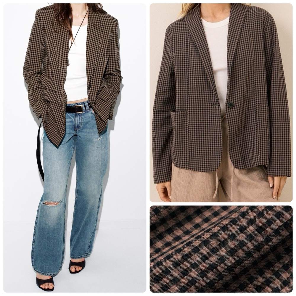 Pact Coastal Double Gauze Cotton Lightweight Blazer Autumn Gingham (Brown Plaid)